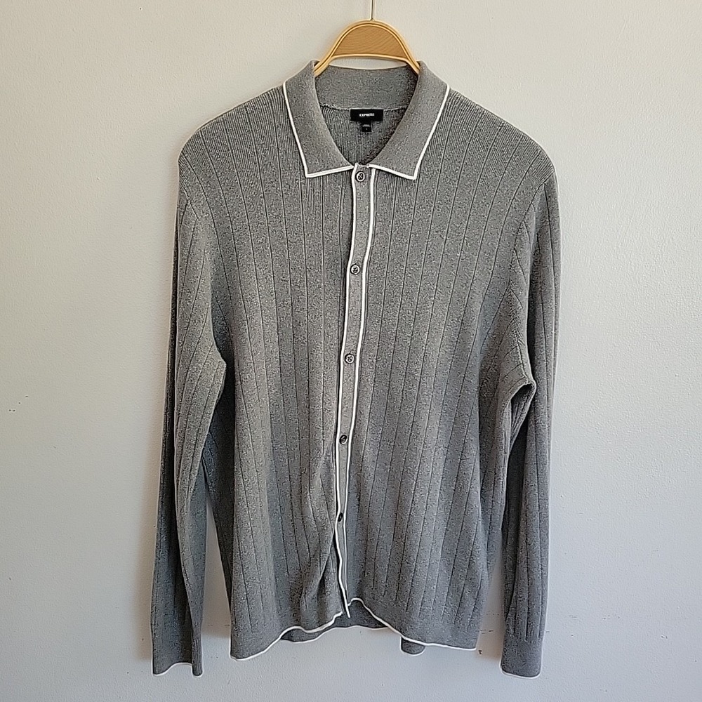 Express Button Down Polo Cardigan Sweater Large Gray Ribbed Mod Preppy Retro‎